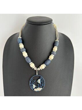 Navy Blue Angelfish Coral Reef Pendant Necklace Carved Bone Blue Beads Boho